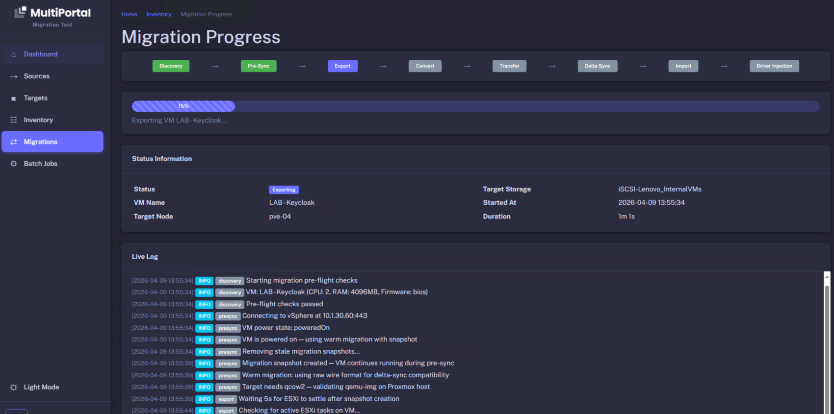 Batch migration dashboard showing progress